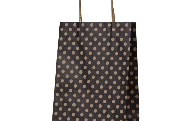 Carton of 100 Medium Black Spots Kraft Paper Bags. Dim 290mm (High) x 200mm (Wide) + 100mm (Gusset)