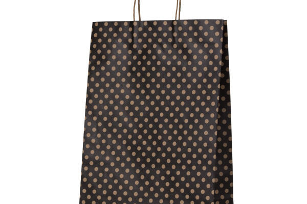 Carton of 100 Large Black Spot Kraft Paper Bags. Dim 420mm (High) x 310mm (Wide) + 110mm (Gusset).