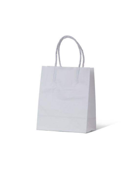CARTON OF 500 SMALL WHITE KRAFT PAPER BAGS. DIM 165MM (HIGH) X 140MM (WIDE) + 75MM (GUSSET)