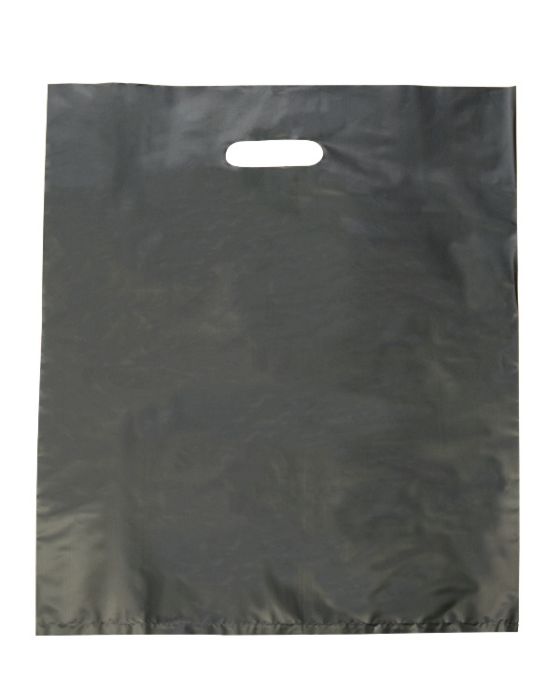 Pack of 100 Large Black Plastic Bag with diecut handles. Dimensions 350mm(W) x 450mm(H). Not single use!