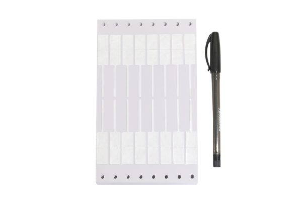 white Quality Adhesive Rectangular Jewellery tags with tear proof tail. Pack of 500. Dimension 16 W x 11mm H. PLUS PEN.