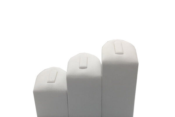 Set Of 3 White Leatherette Ring Displays. Height S-44mm, M-60mm. L-70mm.