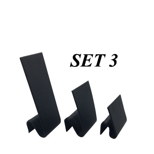 Set of 3 Black Leatherette Earring/Necklace Displays. Width 40mm and Height 100mm, 65mm and 43mm.