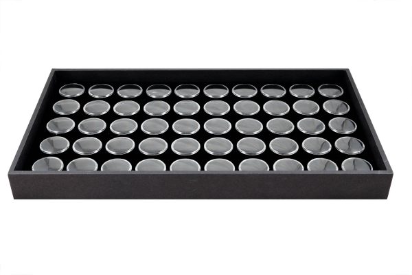 Wooden Gem/Pendent Tray plus inserts and 50 jars. High quality made in Taiwan.