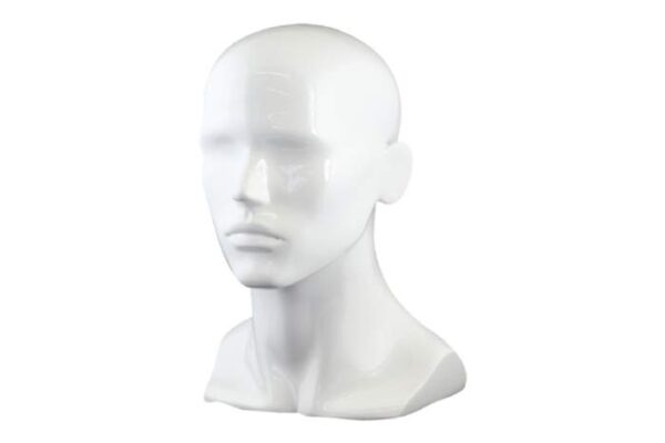 Premium Nova Male Head Display in White Gloss. Height 340mm