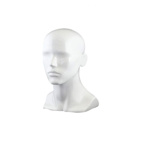 Premium Nova Male Head Display in White Gloss. Height 340mm
