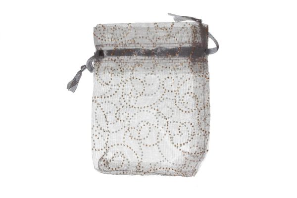 Silver with silver pattern swirls. Measurements 11cm(W) x 16cm(H).  Pack of 100 Organza Bags.