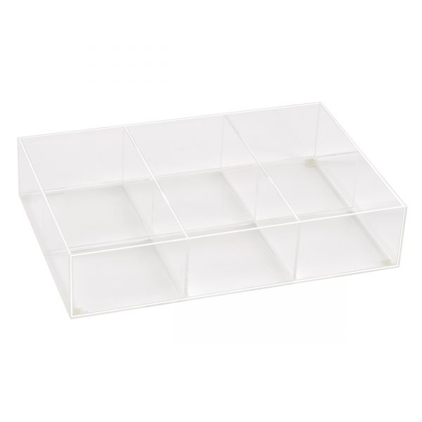Stackable Acrylic Container With 6 Compartments. Dim 300L x 200D x 66mmH