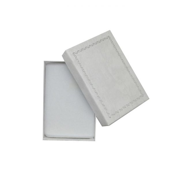 Box of 48 - Premium Solid Small White Cardboard Earring Box with Silver Trim and Light Grey Grain Texture. Dim 54(w) x 80(d) x 2