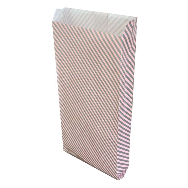 Pack of 100 Pink and Silver Striped Paper Bags - Dimensions 125mm(w) x 275mm(h) x 40mm(g)