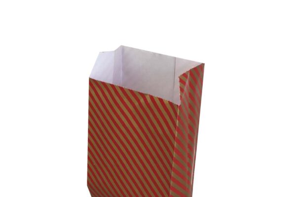 Pack of 100 Red and Gold Striped Paper Bags - Dimensions 75mm(w) x 150mm(h) x 45mm(g)