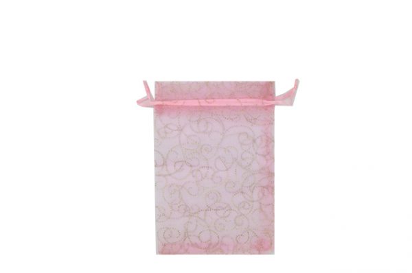 Pink with Pattern Swirls Organza Bags. Pack of 100. Dimensions 9cm(W) x 13cm(H).