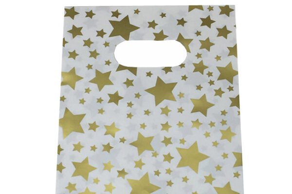Pack of 100 Medium White Plastic Bags With Gold Stars and Die Cut Handle. Dim 220(w) x 330mm(h). NOT SINGLE USE!