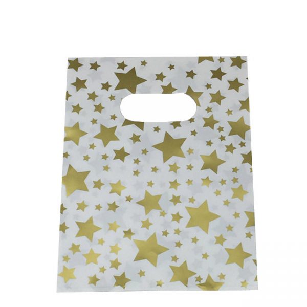 Pack of 100 Medium White Plastic Bags With Gold Stars and Die Cut Handle. Dim 220(w) x 330mm(h). NOT SINGLE USE!