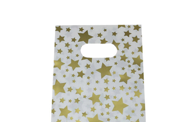 Pack of 100 Small White Plastic Bags With Gold Stars and Die Cut Handle. Dim 150(w) x 200mm(h). Not Single use!!