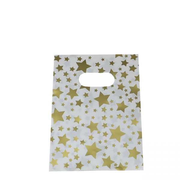 Pack of 100 Small White Plastic Bags With Gold Stars and Die Cut Handle. Dim 150(w) x 200mm(h). Not Single use!!