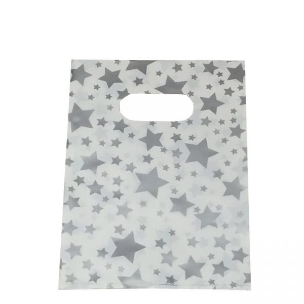 Pack of 100 Medium White Plastic Bags With Silver Stars and Die Cut Handle. Dim 220(w) x 330mm(h). NOT SINGLE USE!
