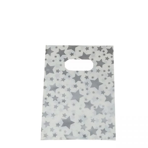 Pack of 100 Small White Plastic Bags With Silver Stars and Die Cut Handle. Dim 150(w) x 200mm(h). NOT SINGLE USE!