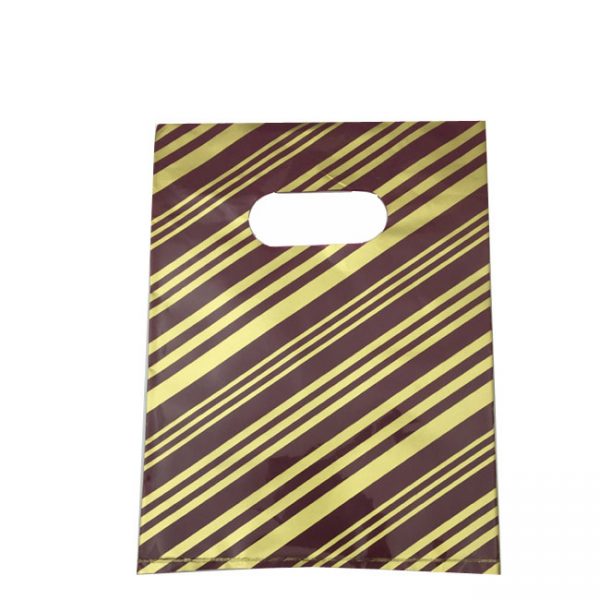 Pack of 100 Medium Plastic Bags With Maroon and Gold Stripes and Die Cut Handle. Dim 220(w) x 330mm(h). NOT SINGLE USE!