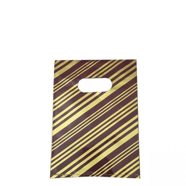 Pack of 100 Small Plastic Bags With Maroon and Gold Stripe and Die Cut Handle. Dim 150(w) x 200mm(h). Not SINGLE USE!