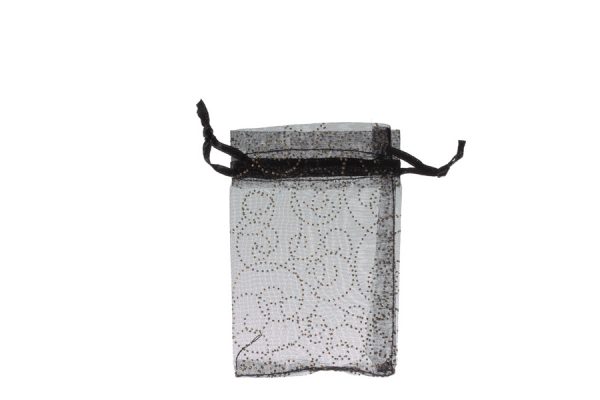 Black with Pattern Swirls Organza Bags. Pack of 100. Dimensions 9cm(W) x 13cm(H).