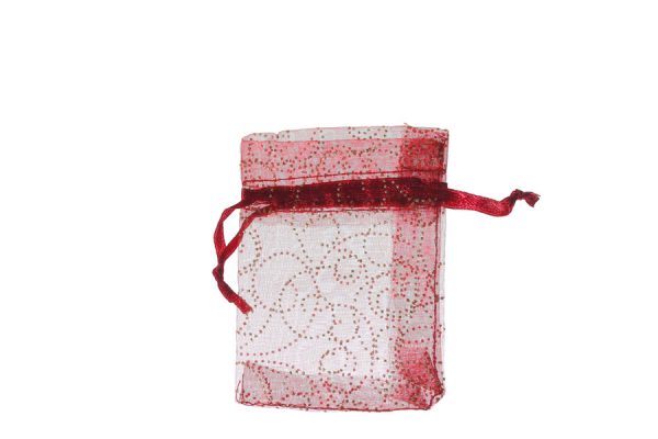 Red-Burgundy with Pattern Swirls Organza Bags. Pack of 100. Dimensions 7cm(W) x 9.5cm(H).
