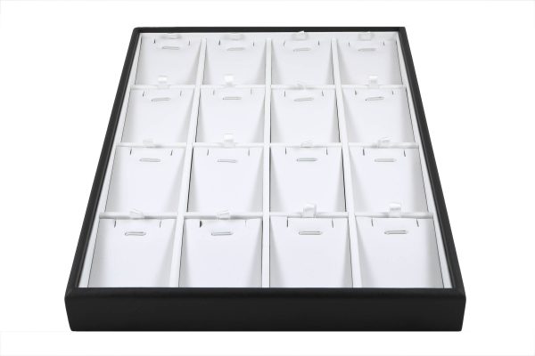 C-SERIES Black and White Premium Padded Leatherette Earring, Necklace and Pendant Tray. 16 Compartments. Stackable