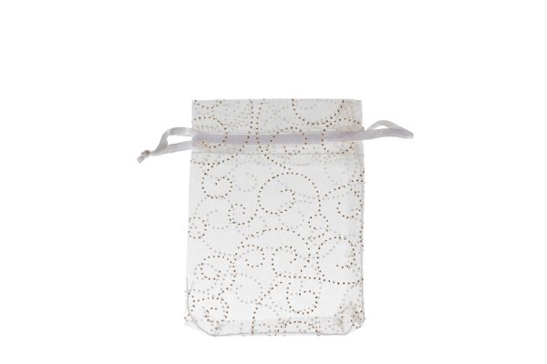 White with Pattern Swirls Organza Bags. Pack of 100. Dimensions 9cm(W) x 13cm(H).