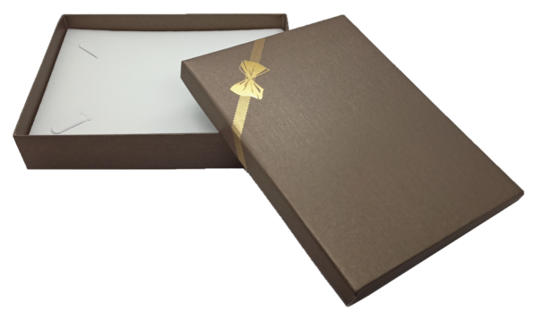 Box of 12 - Premium Large Brushed bronze Cardboard Set Gift Box with gold ribbon and bow tie hot stamp. Dim 160(w) x 125(d) x 30mm(h).