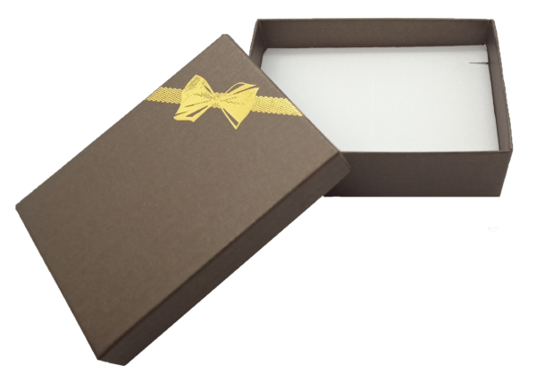 Box of 36 Brushed Bronze Cardboard Set Gift Box with Gold ribbon and bow tie hot stamp. Dim 70(w) x 97(d) x 27mm(h)