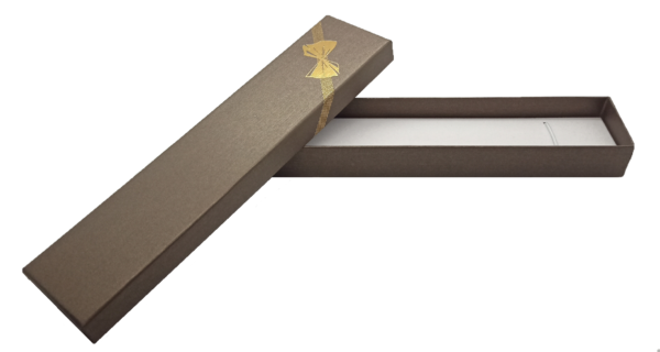 Box of 24 - Premium Brushed Bronze Cardboard Bracelet/Watch Gift Box with gold ribbon and bow tie hot stamp. Dim 42(w) x 200(d) x 24mm(h)