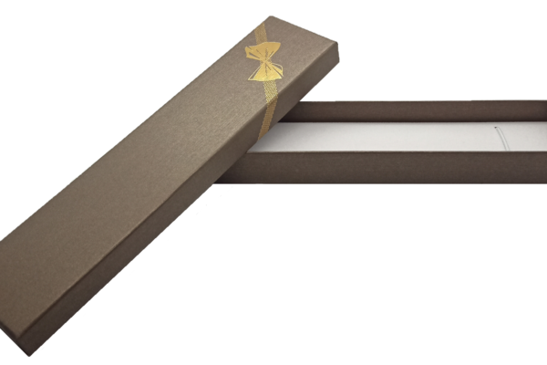 Box of 24 - Premium Brushed Bronze Cardboard Bracelet/Watch Gift Box with gold ribbon and bow tie hot stamp. Dim 42(w) x 200(d) x 24mm(h)