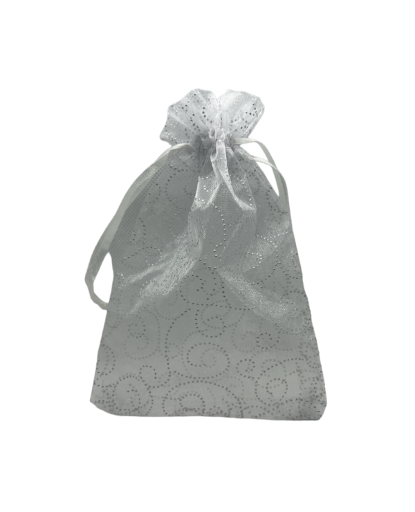 White with silver pattern swirls. Measurements 11cm(W) x 16cm(H).  Pack of 100 Organza Bags