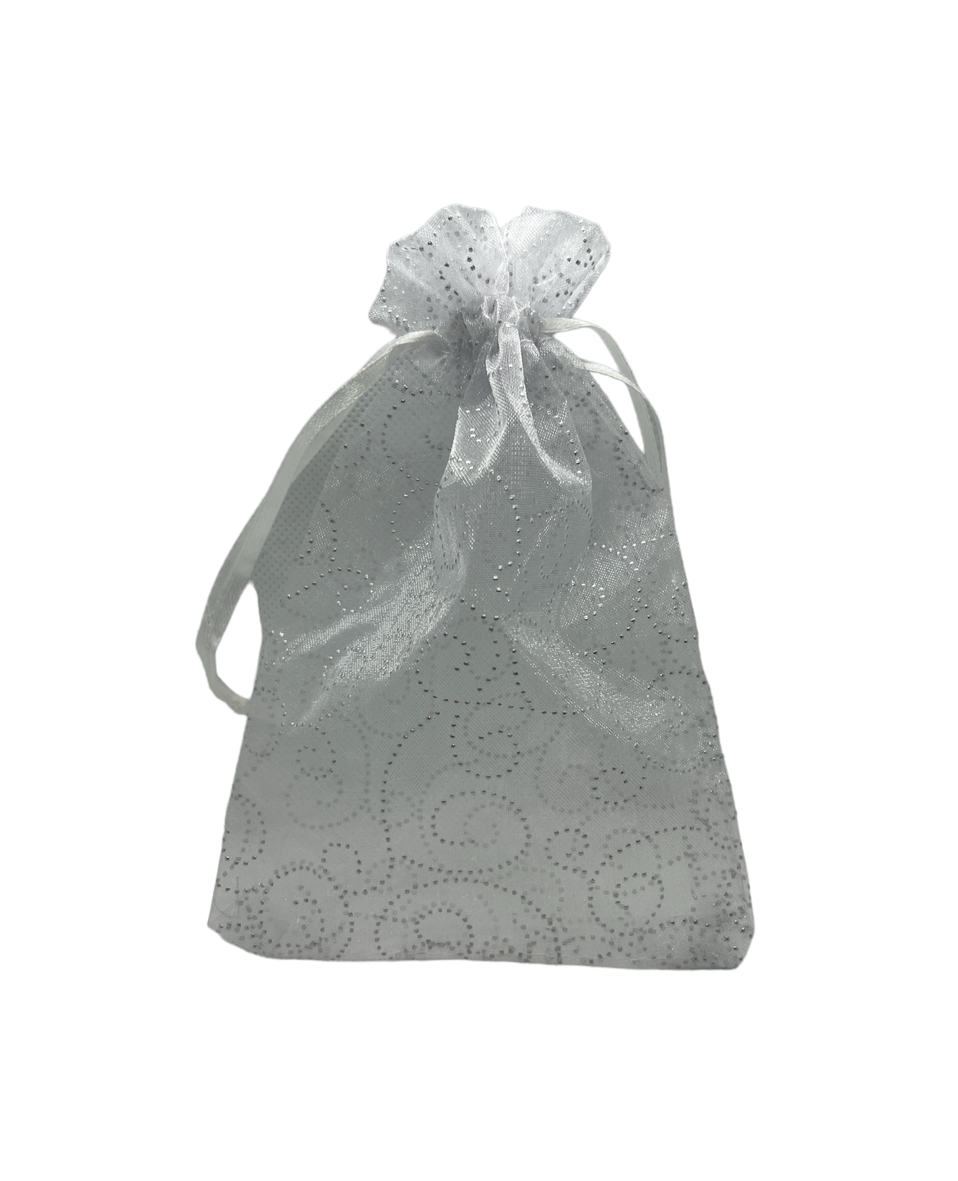 White with silver pattern swirls. Measurements 11cm W x 16cm H Pack of 100 Organza Bags Blingin Shop Displays