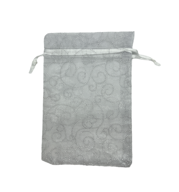White with silver pattern swirls. Measurements 11cm(W) x 16cm(H).  Pack of 100 Organza Bags - Image 2